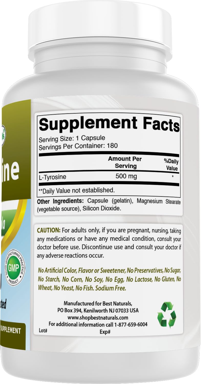 Best Naturals L-Tyrosine 500 mg capsules taille comparée à une pièce
