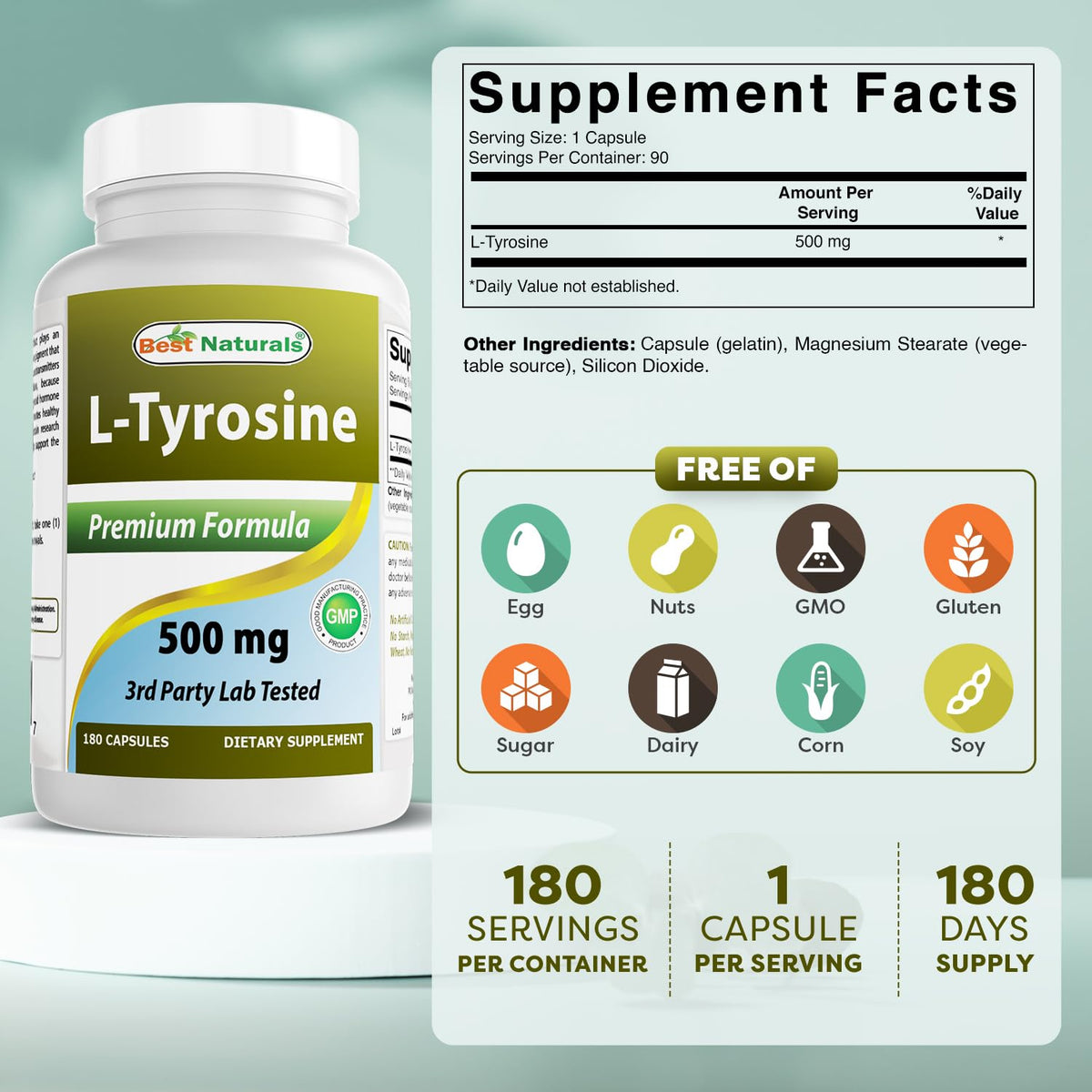 Best Naturals L-Tyrosine 500 mg contenant ouvert montrant les capsules