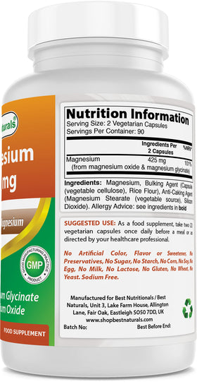 Best Naturals Magnésium 425 mg étiquette du produit avec spécifications