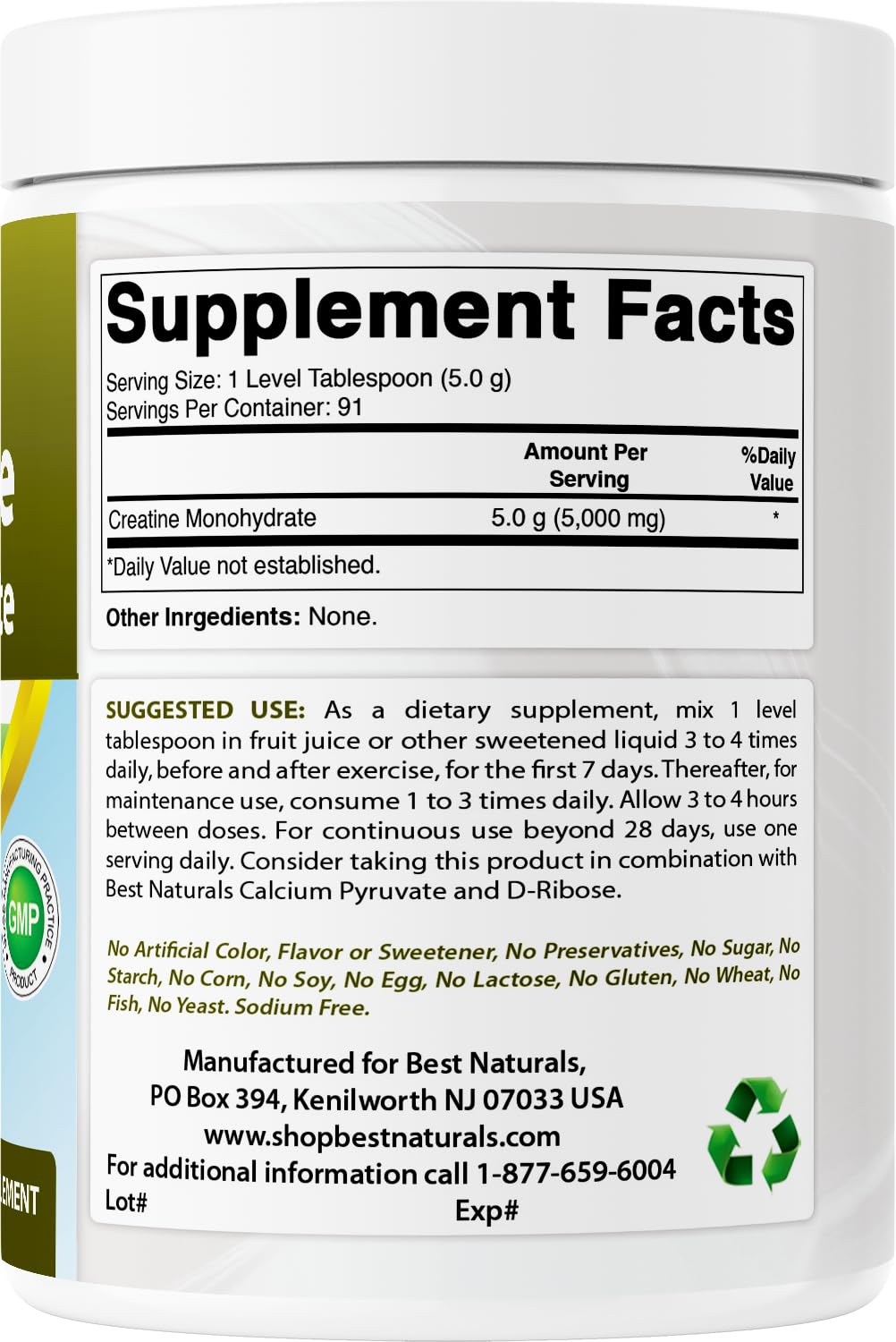 Best Naturals Monohydrate de Créatine 1 lb poudre sur une table