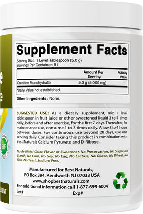 Best Naturals Monohydrate de Créatine 1 lb poudre sur une table