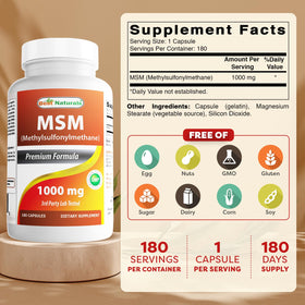 Best Naturals MSM 1000 mg 180 capsules vue arrière de l'emballage