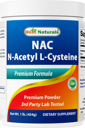 Best Naturals NAC Poudre Pure 531g avec étiquette sur fond blanc