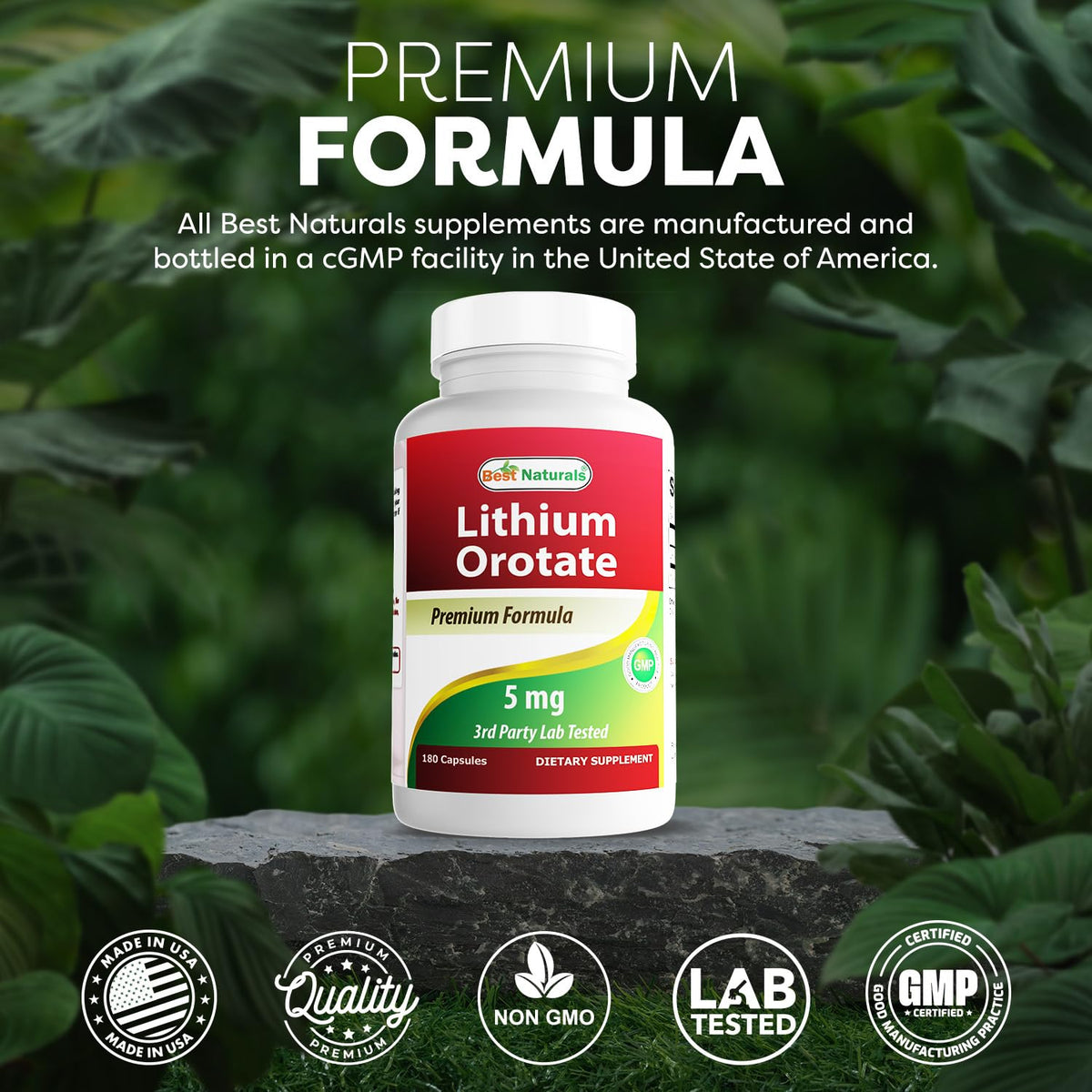 Best Naturals Orotate de Lithium 5 mg 180 Capsules avec des ingrédients visibles