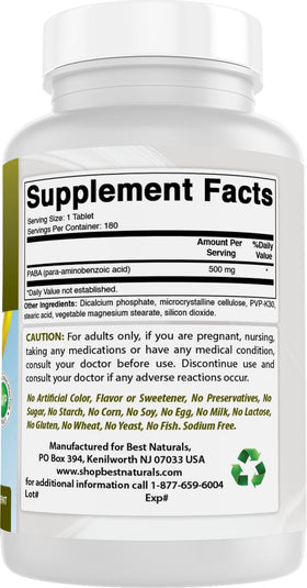 Best Naturals PABA 500 mg ingrédients et informations