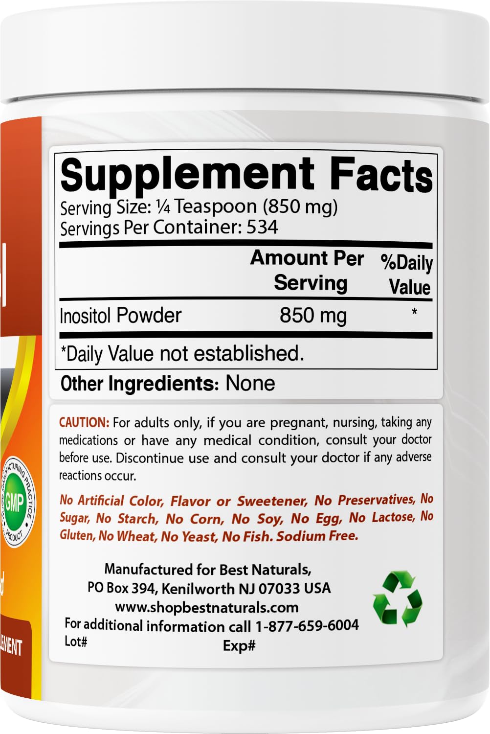 Best Naturals Poudre d'Inositol Pure 510g - format avec cuillère