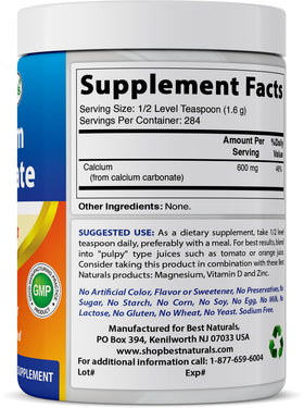 Best Naturals Poudre de Carbonate de Calcium 1,6 g en gros plan avec étiquette
