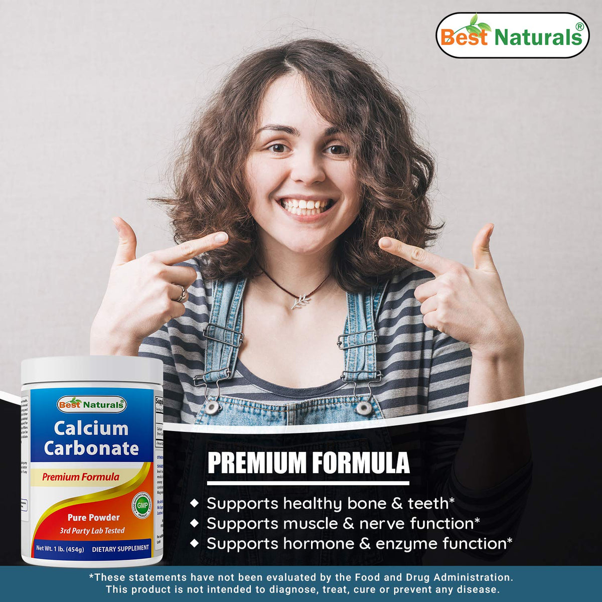 Best Naturals Poudre de Carbonate de Calcium 1,6 g en portion sur une table