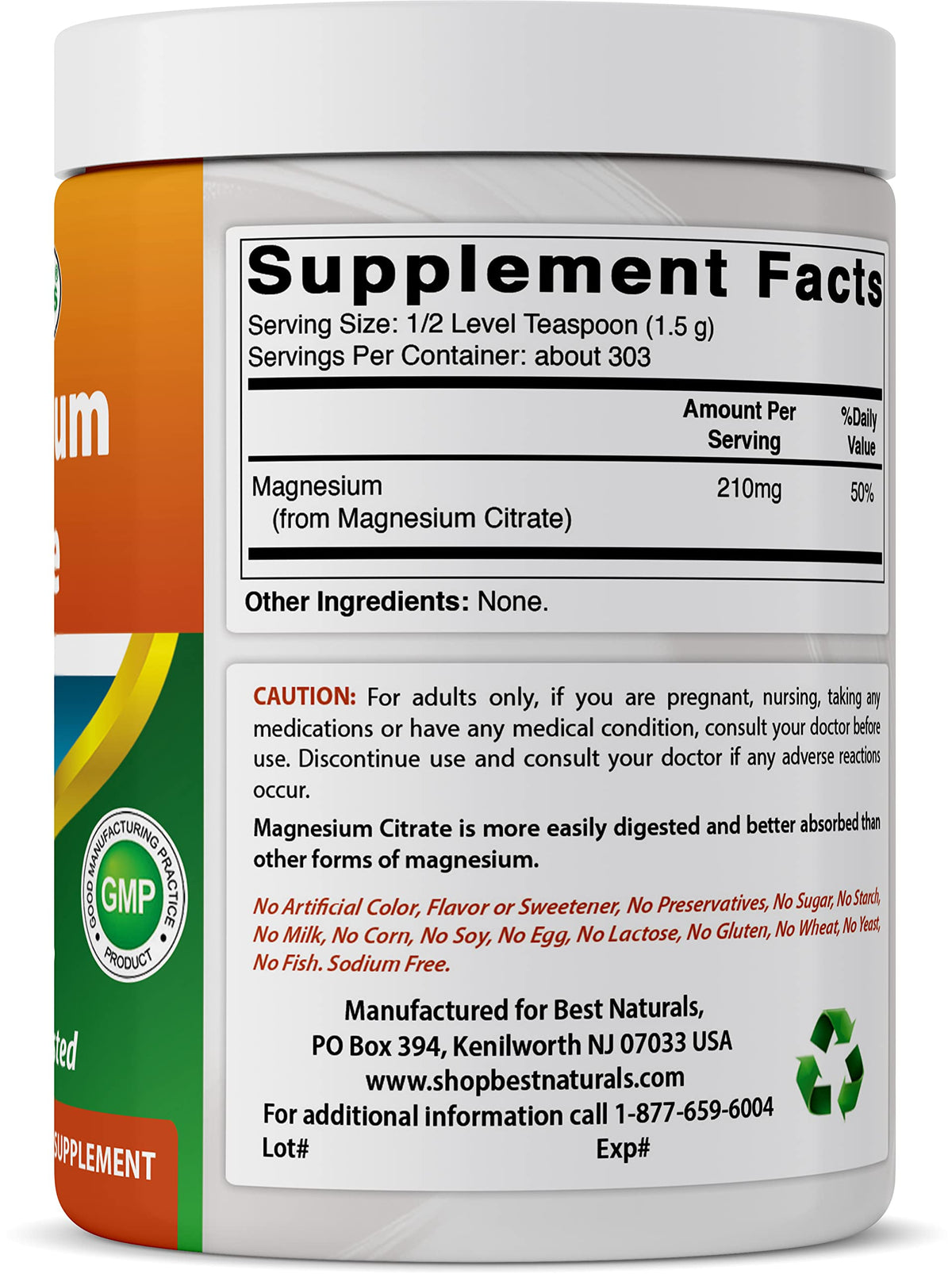 Best Naturals Poudre de Glycinate de Magnésium 1560g avec ingrédients