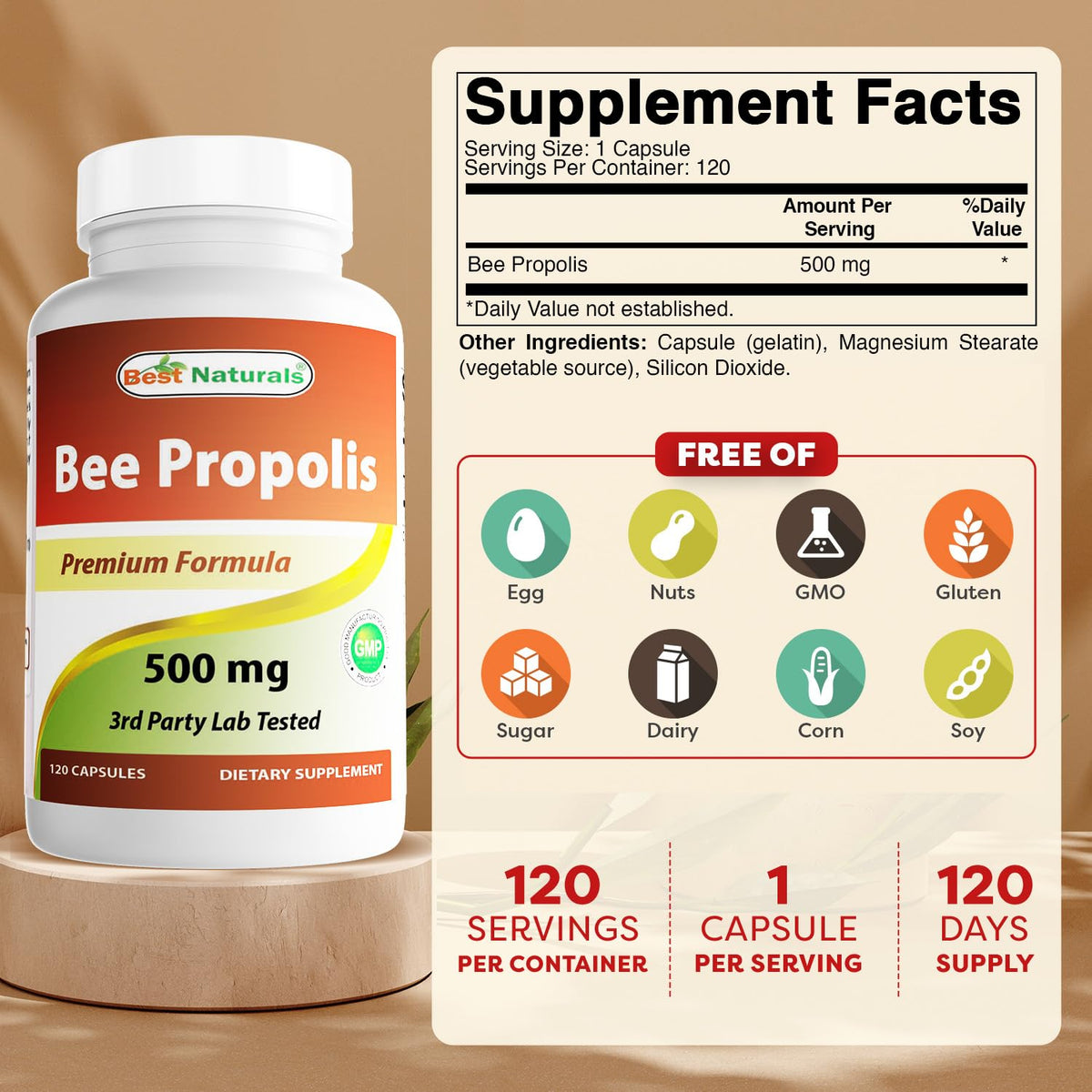 Best Naturals Propolis d'Abeille 500 mg 120 capsules étiquette
