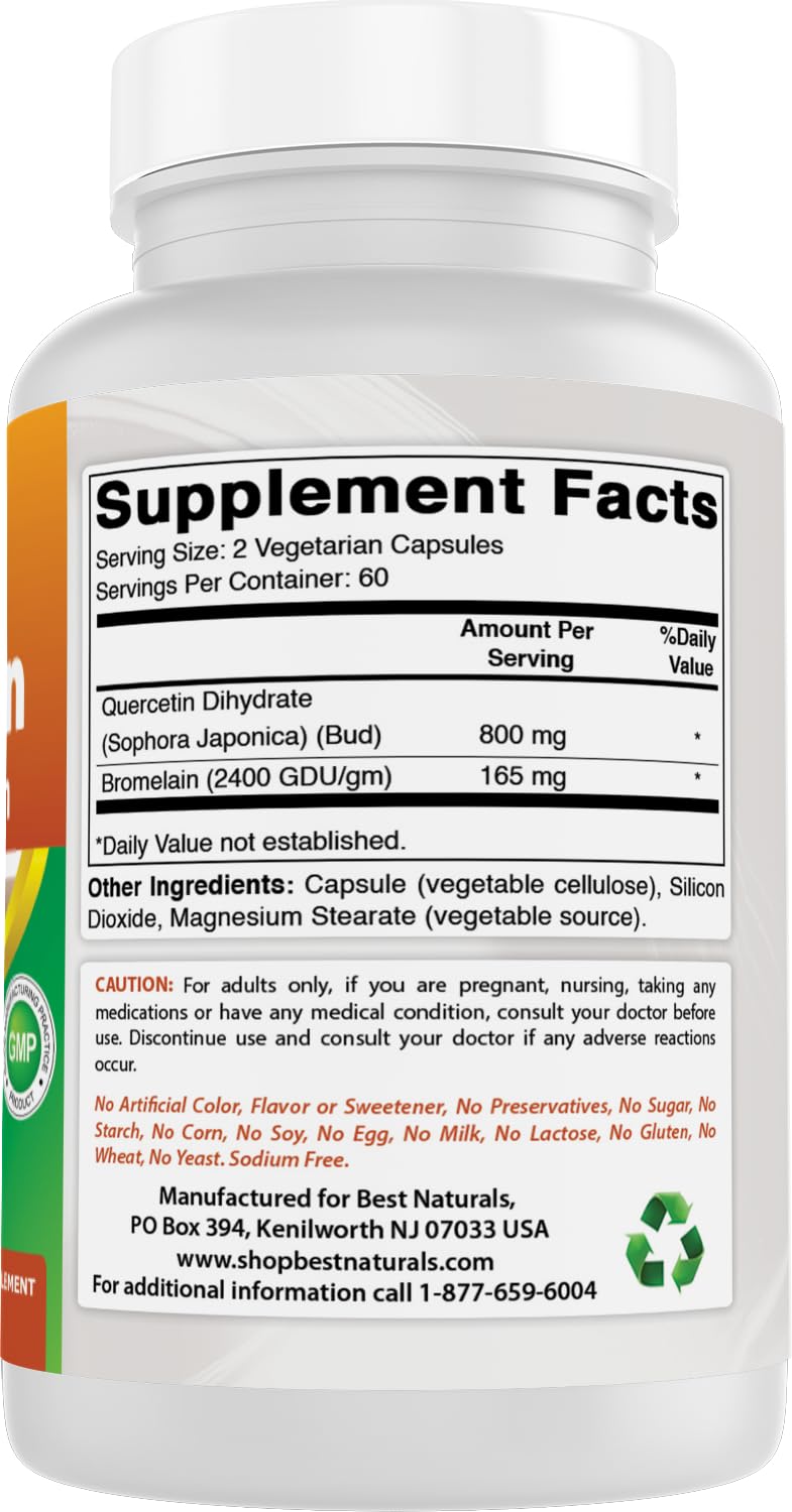 Best Naturals Quercétine avec Bromélaïne 800mg arrière du flacon