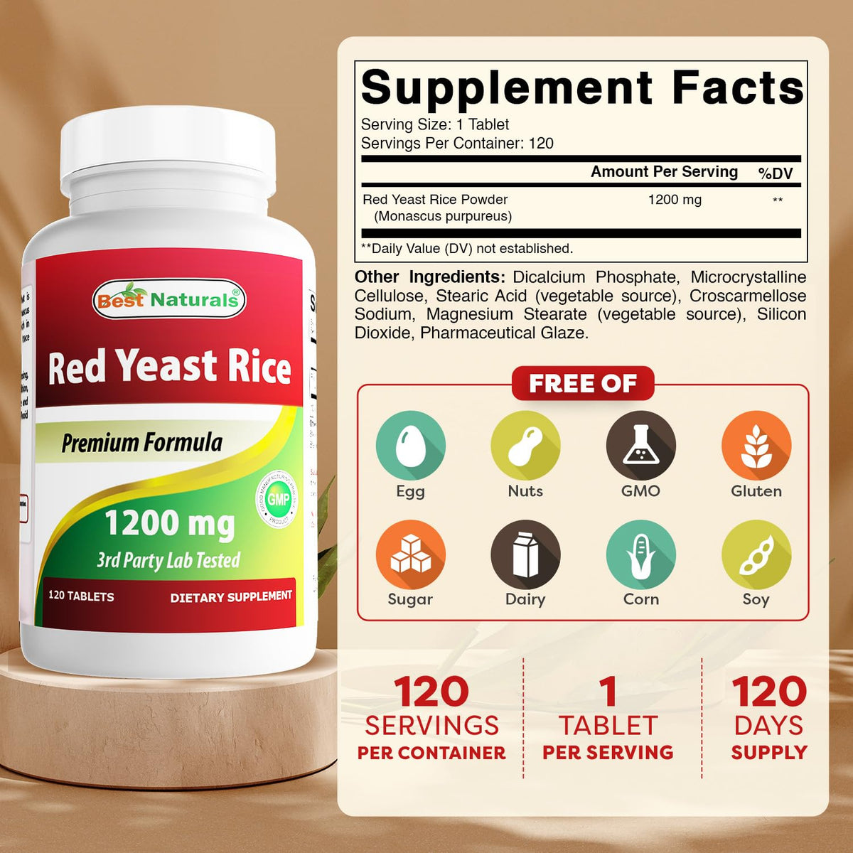 Best Naturals Riz Rouge 1200 mg comprimés en gros plan