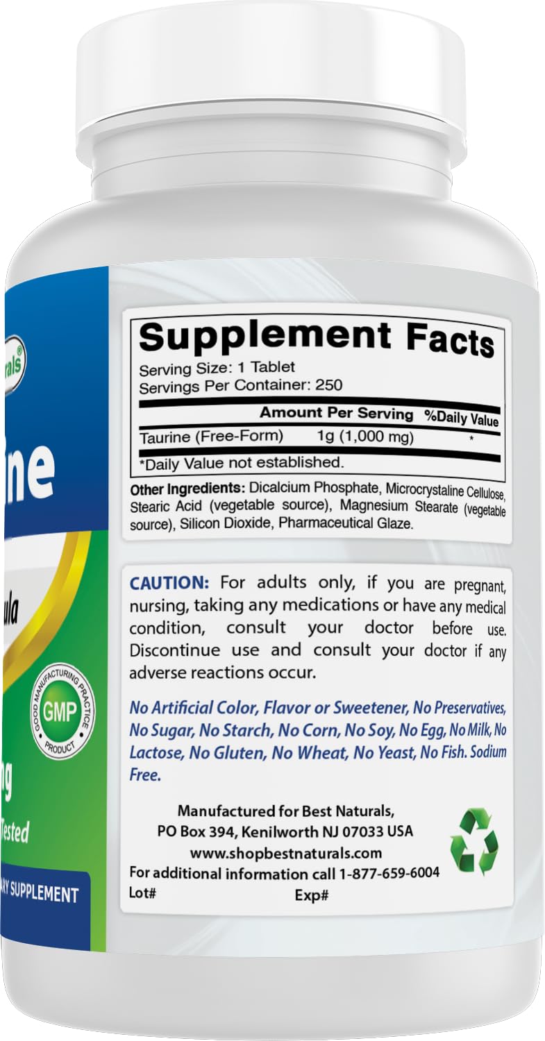 Best Naturals Taurine 1000 mg 250 comprimés dans un verre d'eau