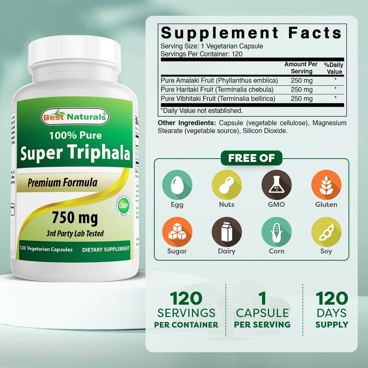 Best Naturals Triphala 750 mg capsules végétariennes à côté de la bouteille