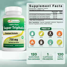 Best Naturals Triphala 750 mg capsules végétariennes à côté de la bouteille
