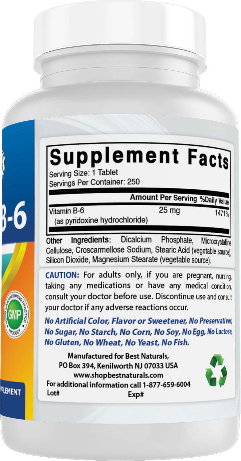 Best Naturals Vitamine B6 250 comprimés montrant la taille du comprimé