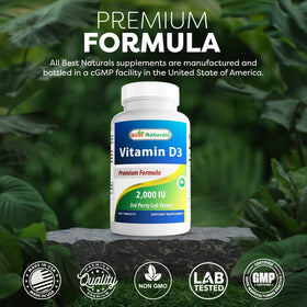 Best Naturals Vitamine D3 2000 IU flacon ouvert avec comprimés à l'intérieur