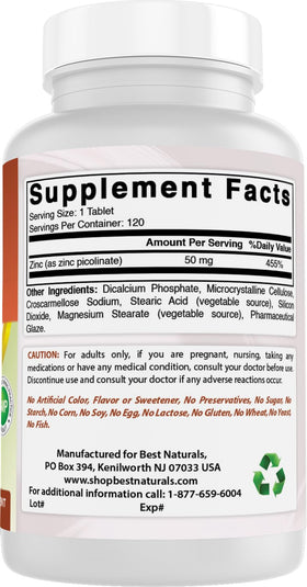 Best Naturals Zinc Picolinate 50mg, présentation des comprimés