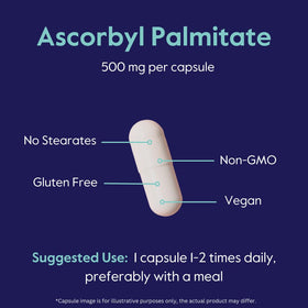 BESTVITE Ascorbyl Palmitate 500mg, capsules à côté d'un verre d'eau