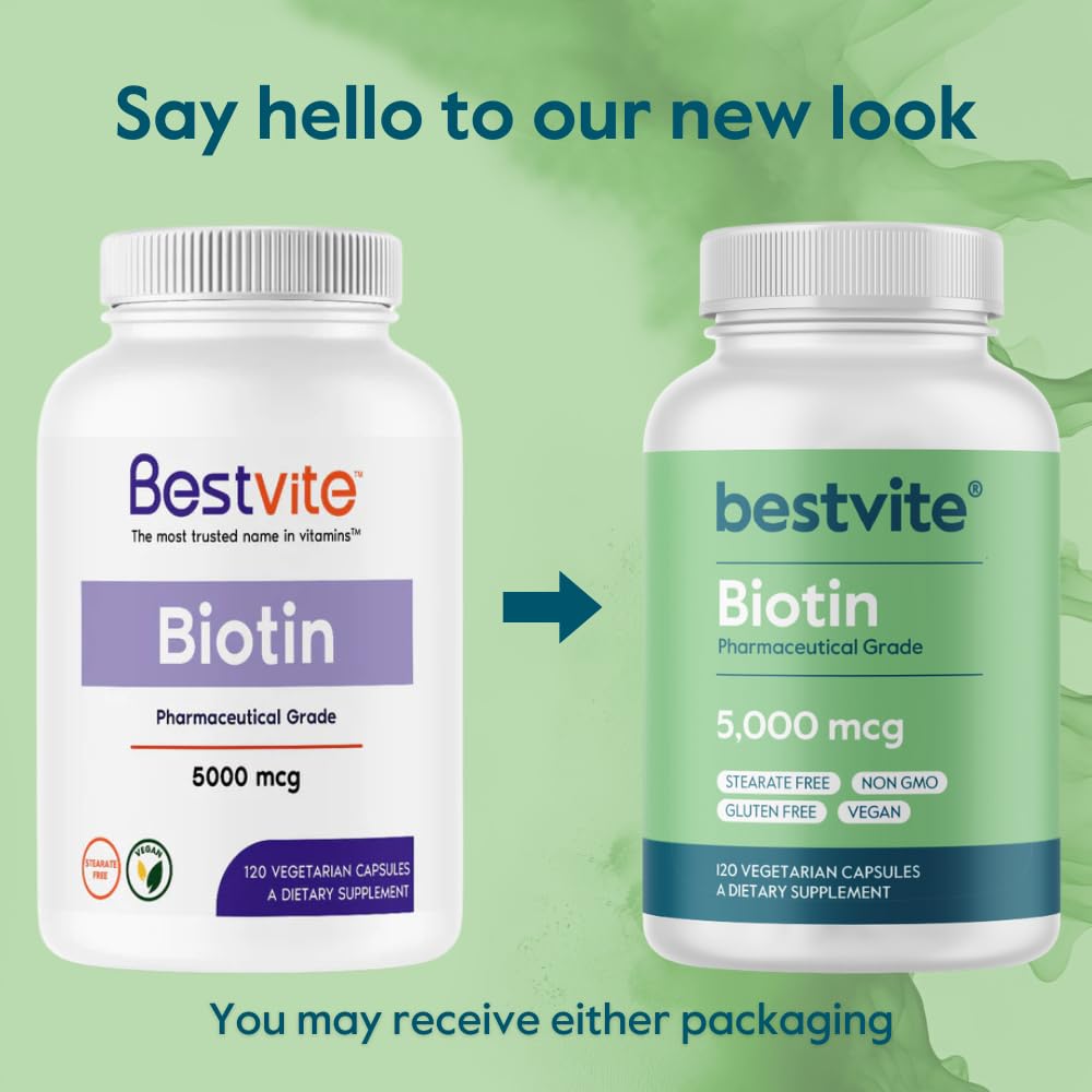 BESTVITE Biotine 5000 mcg, capsules végétariennes sur un fond neutre