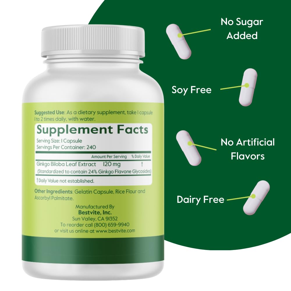 BESTVITE Ginkgo Biloba 120mg capsules sur fond blanc