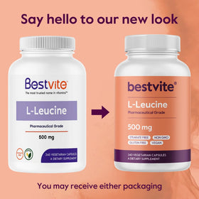 BESTVITE L-Leucine 500mg à côté d'un verre d'eau