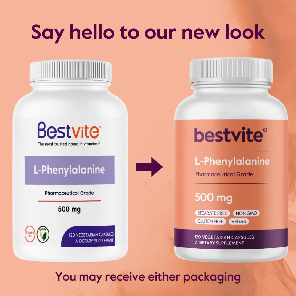BESTVITE L-Phenylalanine 500mg - capsules sur une surface blanche