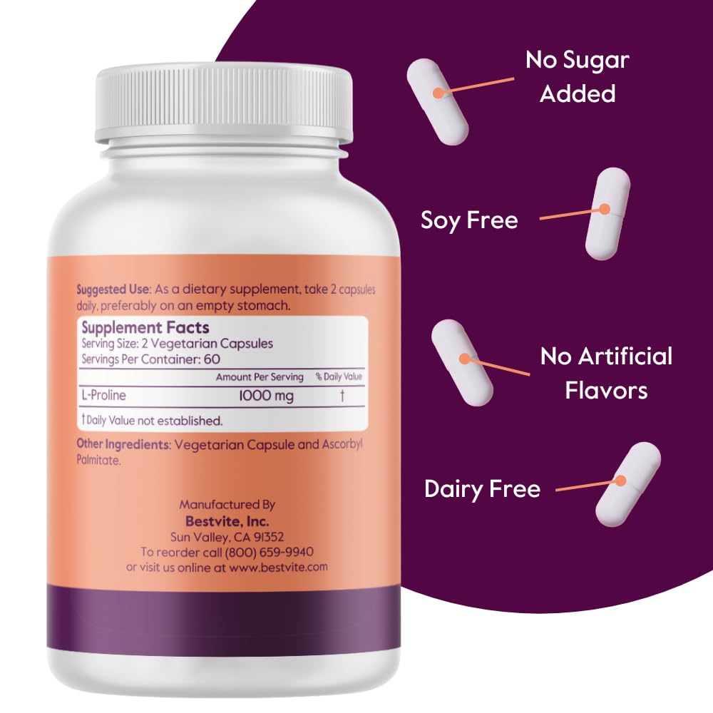 BESTVITE L-Proline 500mg capsules sur une table