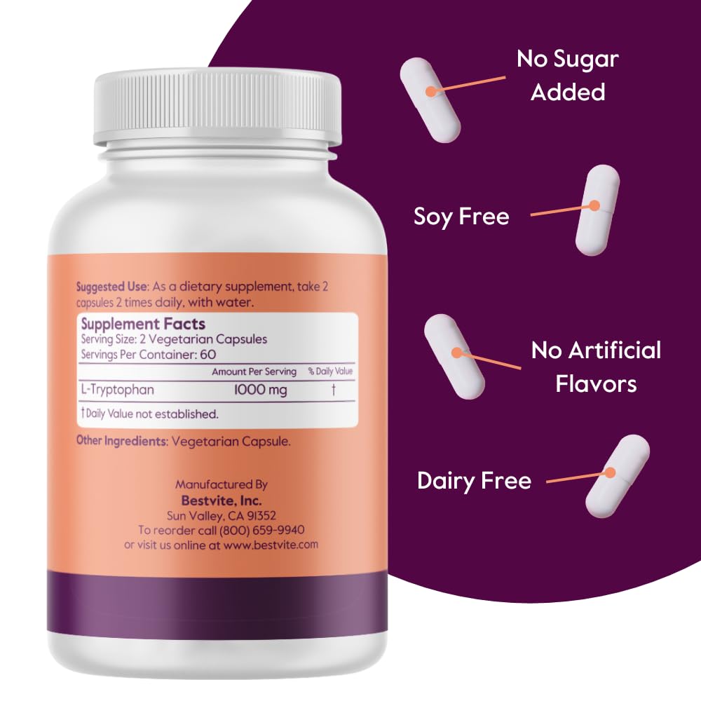 BESTVITE L-Tryptophan 500 mg, capsules sur une surface en bois