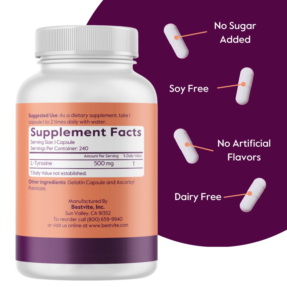 BESTVITE L-Tyrosine 500mg 240 capsules sur une table
