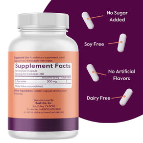 BESTVITE L-Tyrosine 500mg 240 capsules sur une table