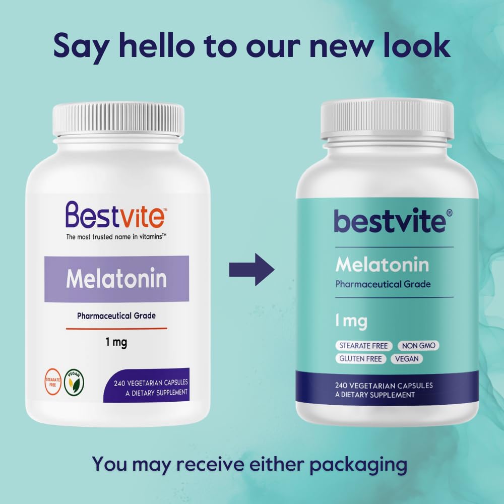 BESTVITE Mélatonine 1mg, capsules végétales sur une table
