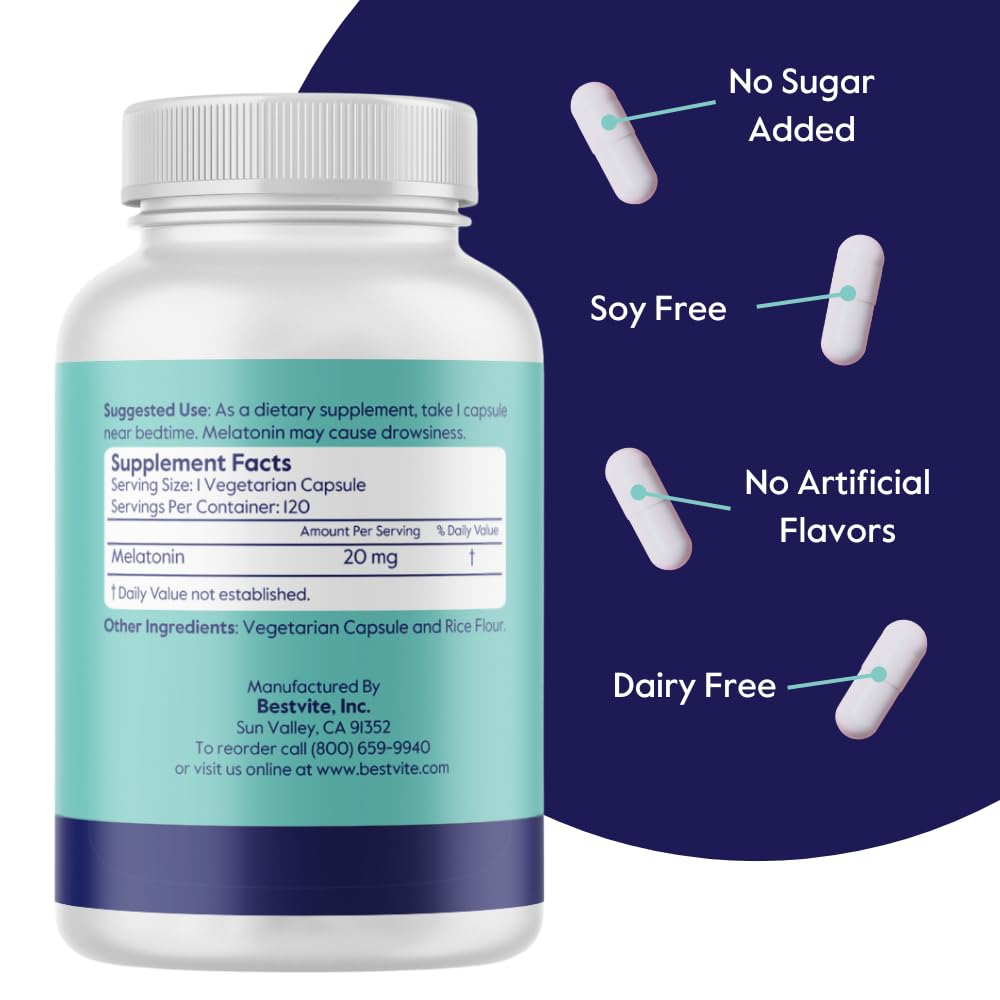 BESTVITE Mélatonine capsules végétariennes sur une table
