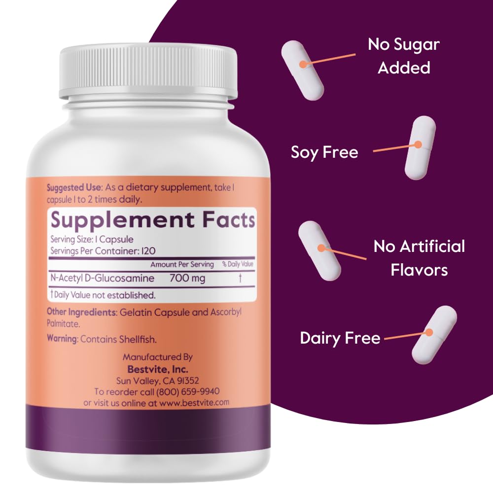 BESTVITE N-Acetyl Glucosamine 700mg capsules sur fond blanc