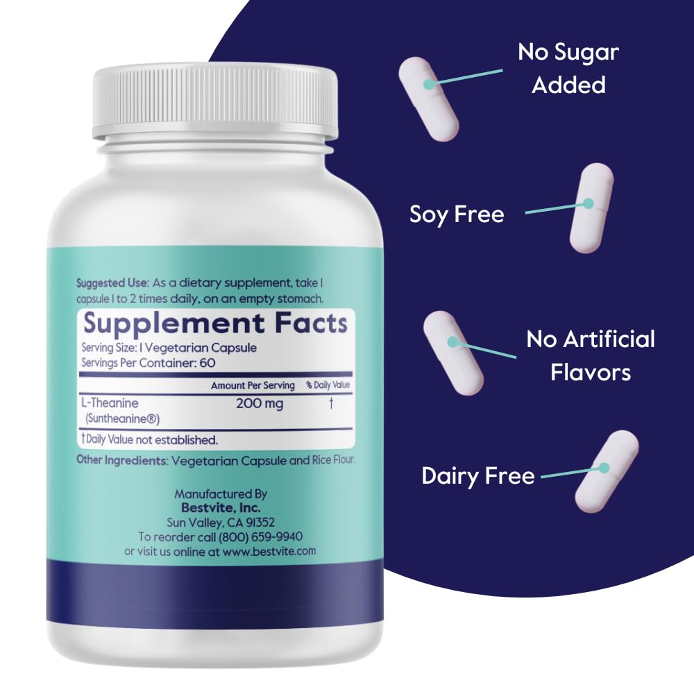 BESTVITE Suntheanine L-Theanine capsules, vue arrière de l'emballage