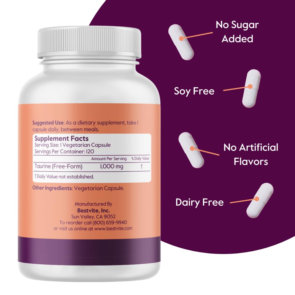BESTVITE Taurine 1000mg capsules végétales sur une table