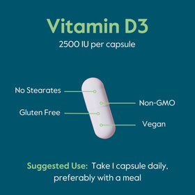 BESTVITE Vegan D3 2500 IU 120 capsules végétales sur une table