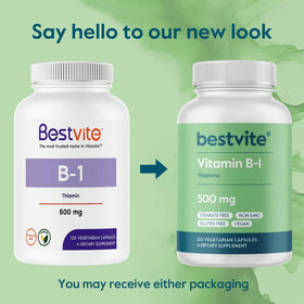 BESTVITE Vitamine B-1 500mg sur une surface en bois