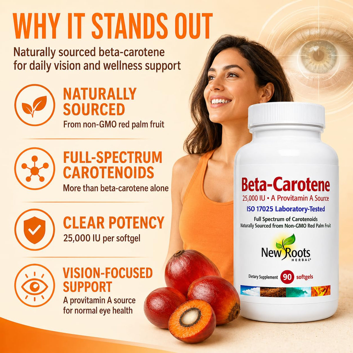 Beta-Carotène NEW ROOTS HERBAL avec étiquette détaillant les ingrédients
