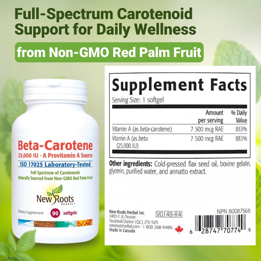 Beta-Carotène NEW ROOTS HERBAL gélules molles avec fruits colorés en arrière-plan