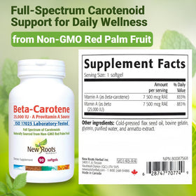 Beta-Carotène NEW ROOTS HERBAL gélules molles avec fruits colorés en arrière-plan