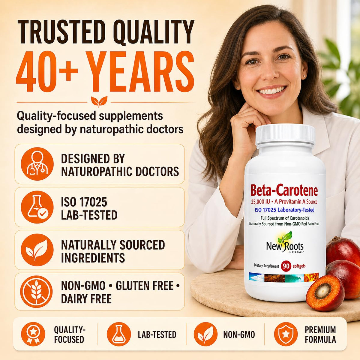 Beta-Carotène NEW ROOTS HERBAL sur une table en bois