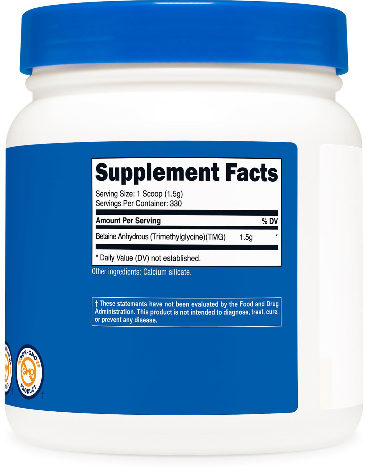Betaïne Anhydre Nutricost 500g montrant les dimensions du pot