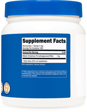 Betaïne Anhydre Nutricost 500g montrant les dimensions du pot