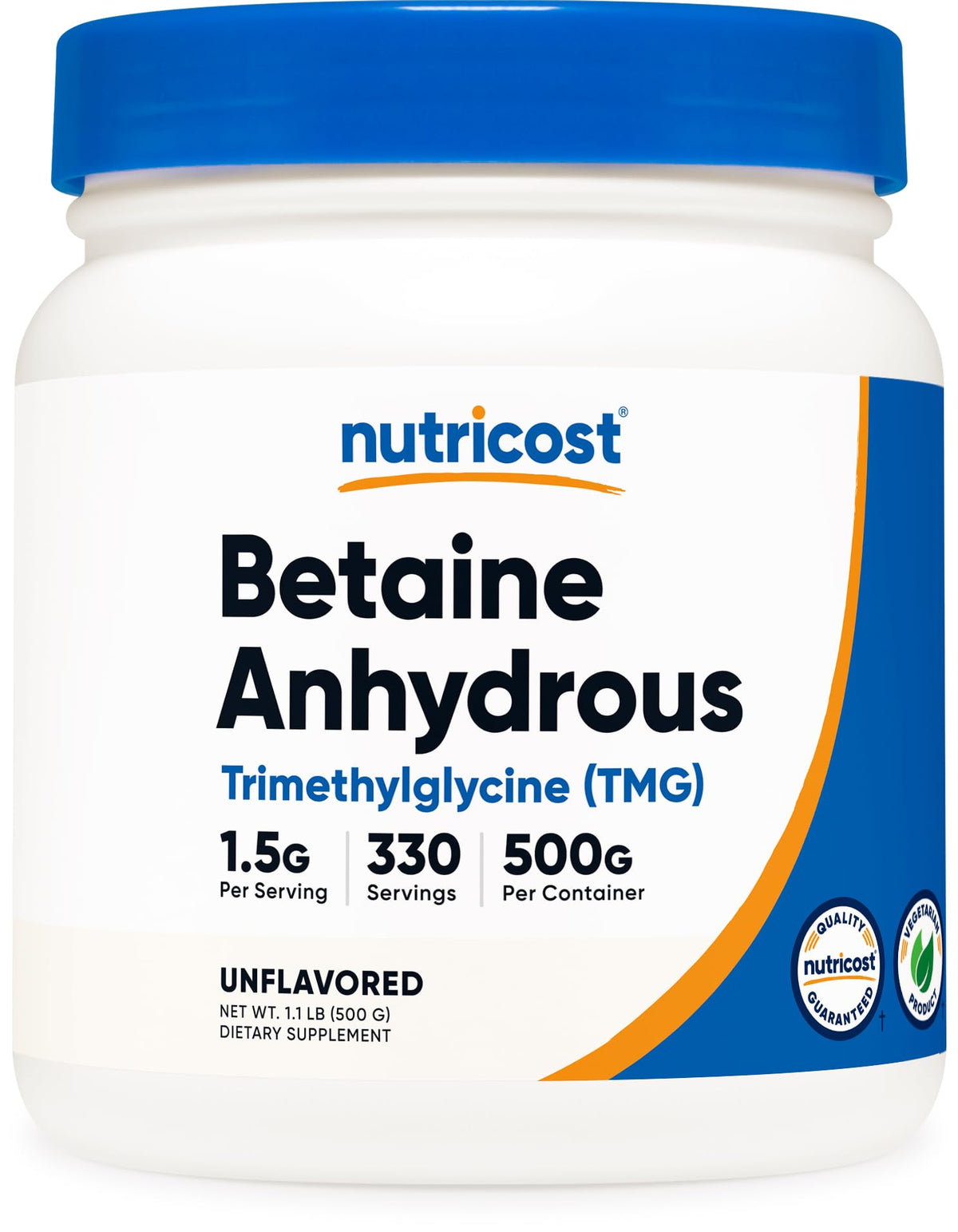Betaïne Anhydre Nutricost 500g vue de face avec étiquette