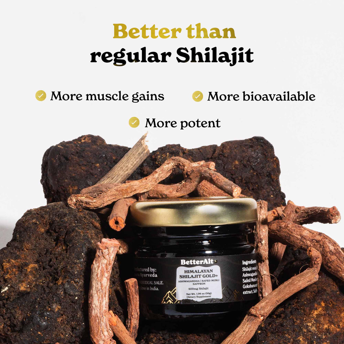 Better Alt Shilajit Gold+ 30g sur fond naturel