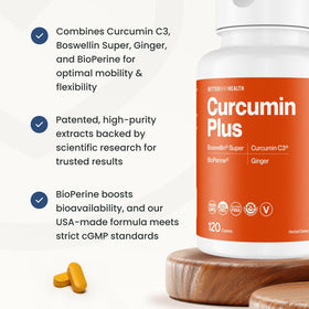 Better Way Health Curcumin Plus caplets sur une surface blanche
