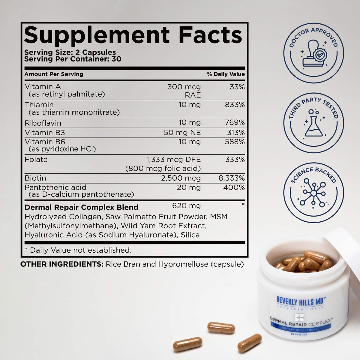 Beverly Hills MD Dermal Repair Complex ouvert montrant les capsules à l'intérieur