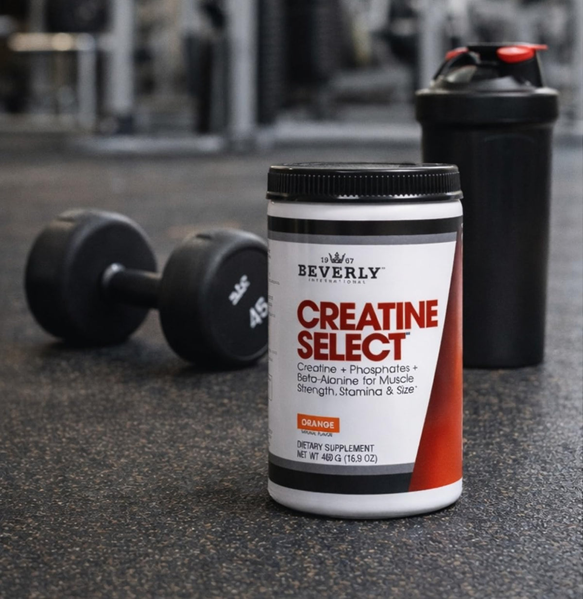 Beverly International Creatine Select sur une table avec shaker