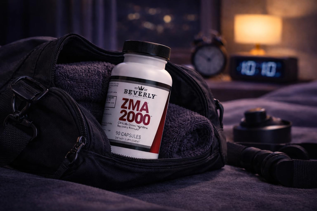 Beverly International ZMA 2000 capsules à côté d'un carnet de sport